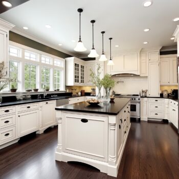 black countertops with white cabinets