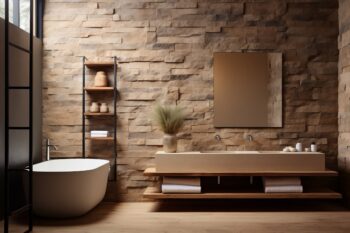 bathroom with stone wall